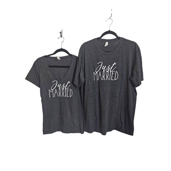 JUST MARRIED SET of TEE'S Mens XL and Women's Vneck Tee XL Grey White Canvas Bel - Picture 1 of 9